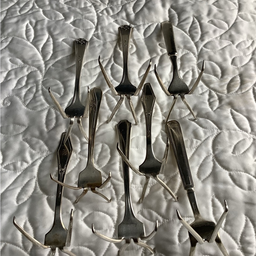 8 silverplated Vintage Forks made to hold cards to identify menu items.